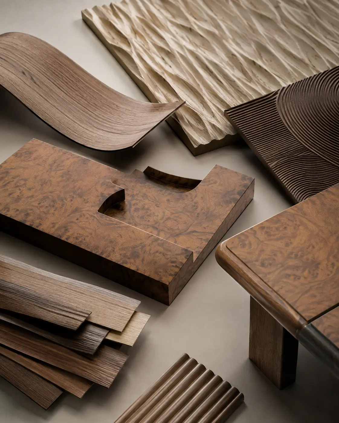 Timber and stone samples laid out in a flat composition