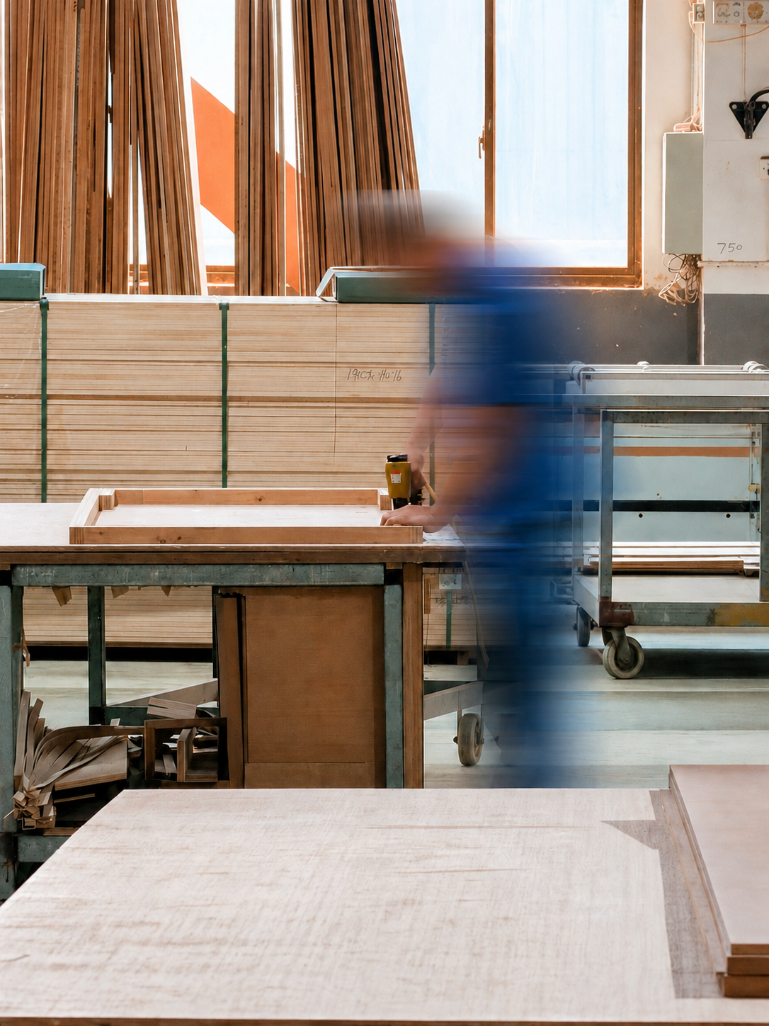Panel shop with stacked sheet material and a maker in motion