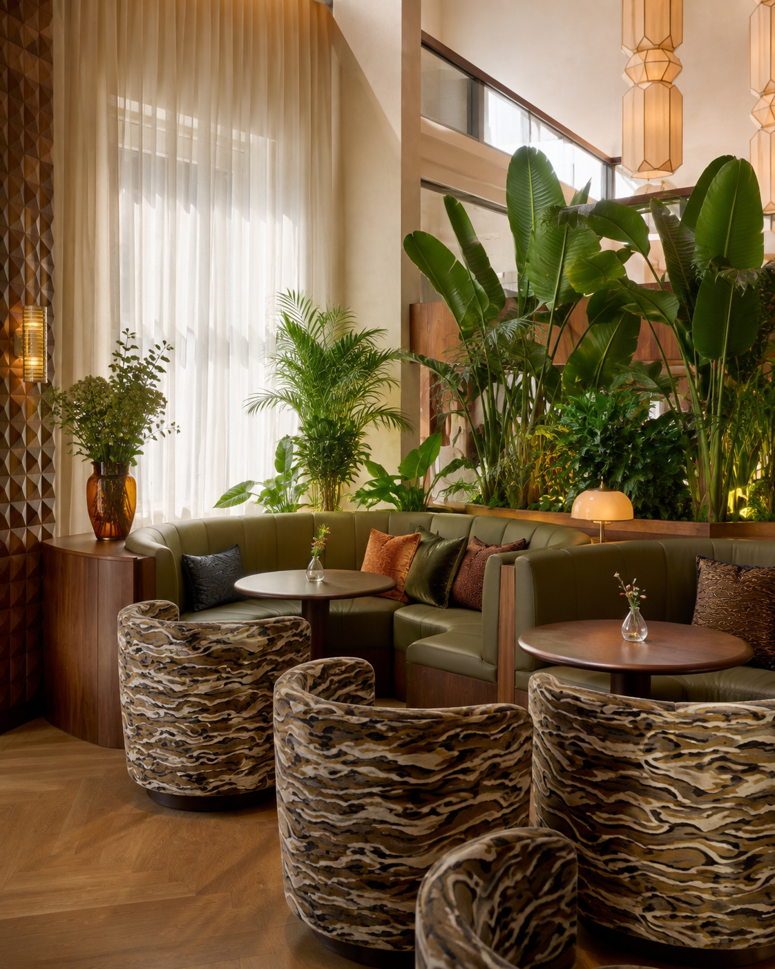 Green leather banquettes and patterned armchairs beside a window