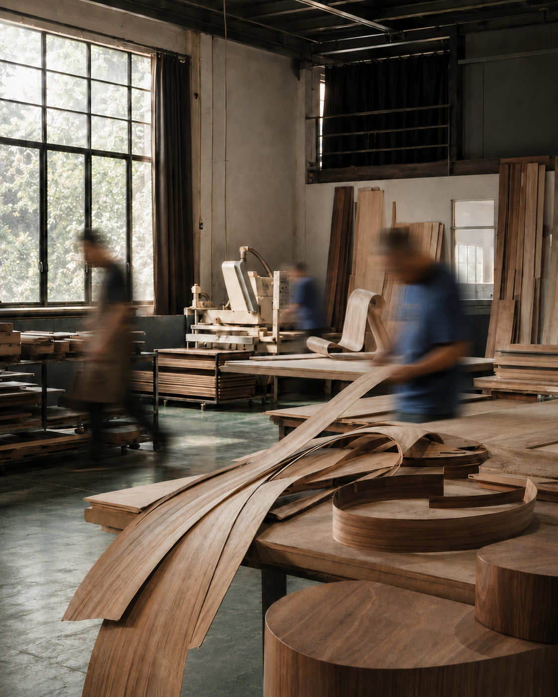 Veneer workshop with bent timber forms on the benches